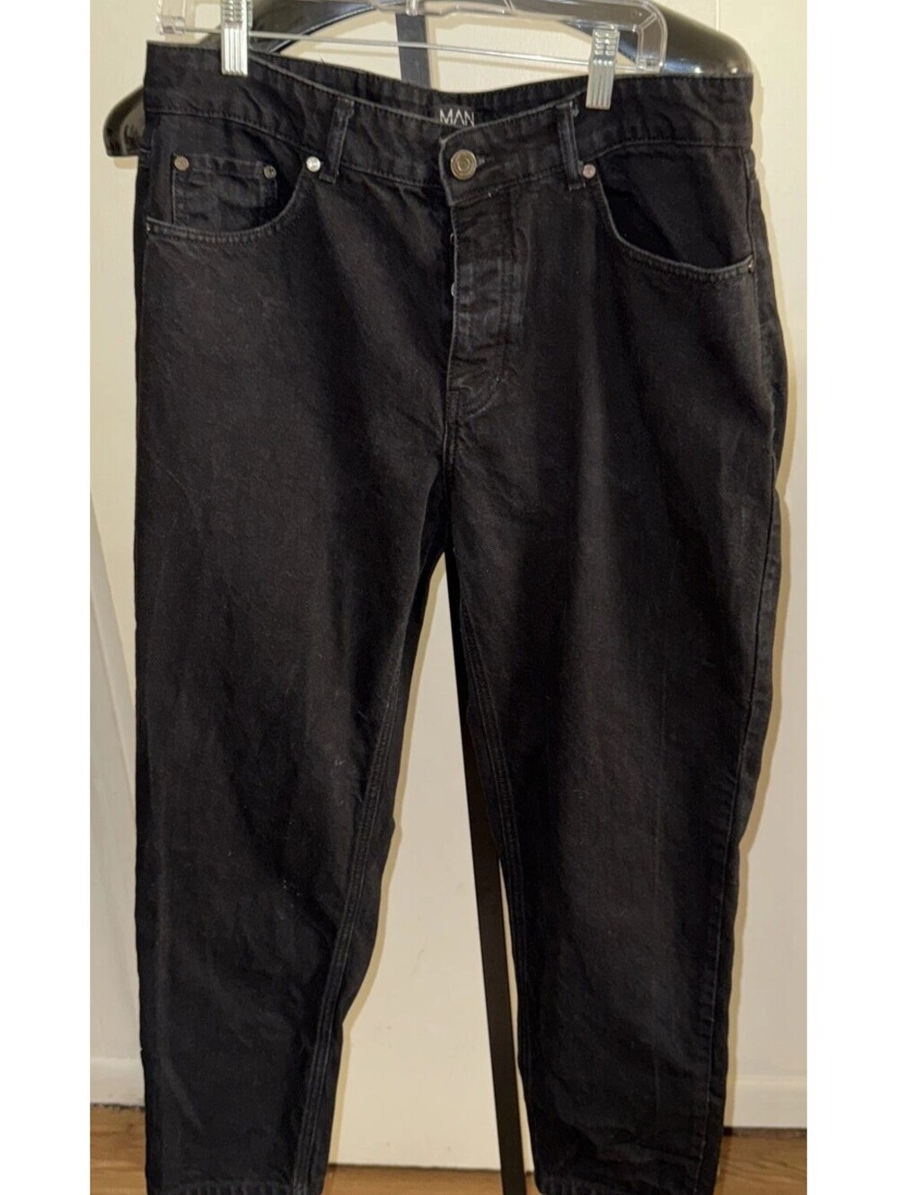 Boohoo Man Jeans Mens 36 Black Hipster Cargo Button Fly Smiley Faces Pockets
